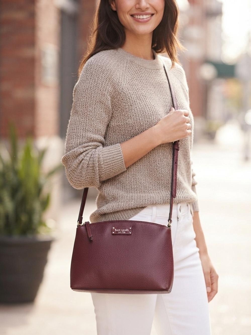 Kate Spade Jeanne Crossbody Bag Burgundy Pebbled Leather Gold Tone